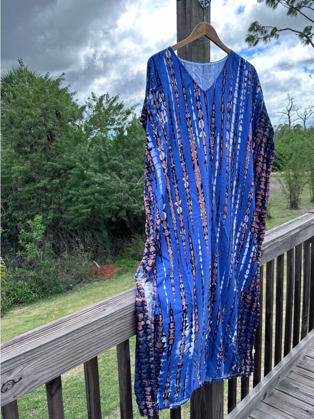 Blue V-Neck Patterned Women's Summer Beach Dress XXL Free Size